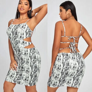 Tiger Mist Black White Building Skyline Keeli Bodycon Lace Back Dress Size XS